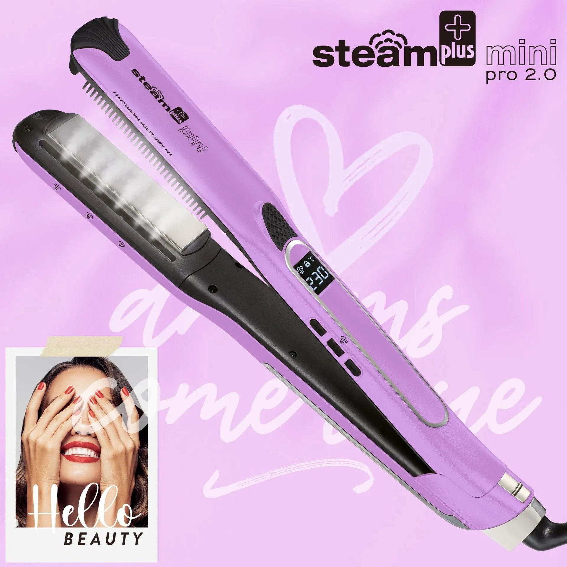 Mini steam spray hair straightener in purple, rose red or champagne colour with steam mist function