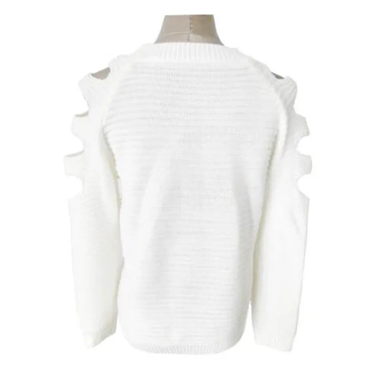 Women's white crocheted hollow-out long-sleeved pullover shirt with round neckline