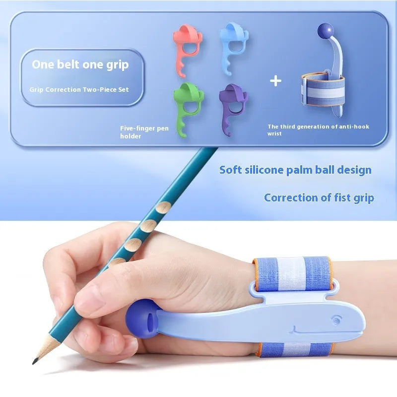 Blue anti-hook wrist brace and pen control corrector for children's writing posture on a table.