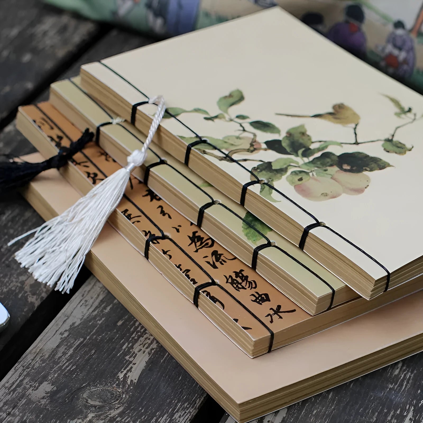 A5 antique wire-bound notebook with retro painting design on white cowhide cover