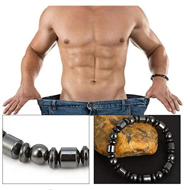 Black pentagram pattern magnetic therapy bracelet with stretch band and stone beads