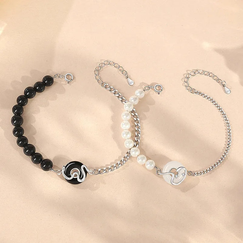 925 sterling silver couple bracelet with Chinese zodiac snake design and obsidian pearls