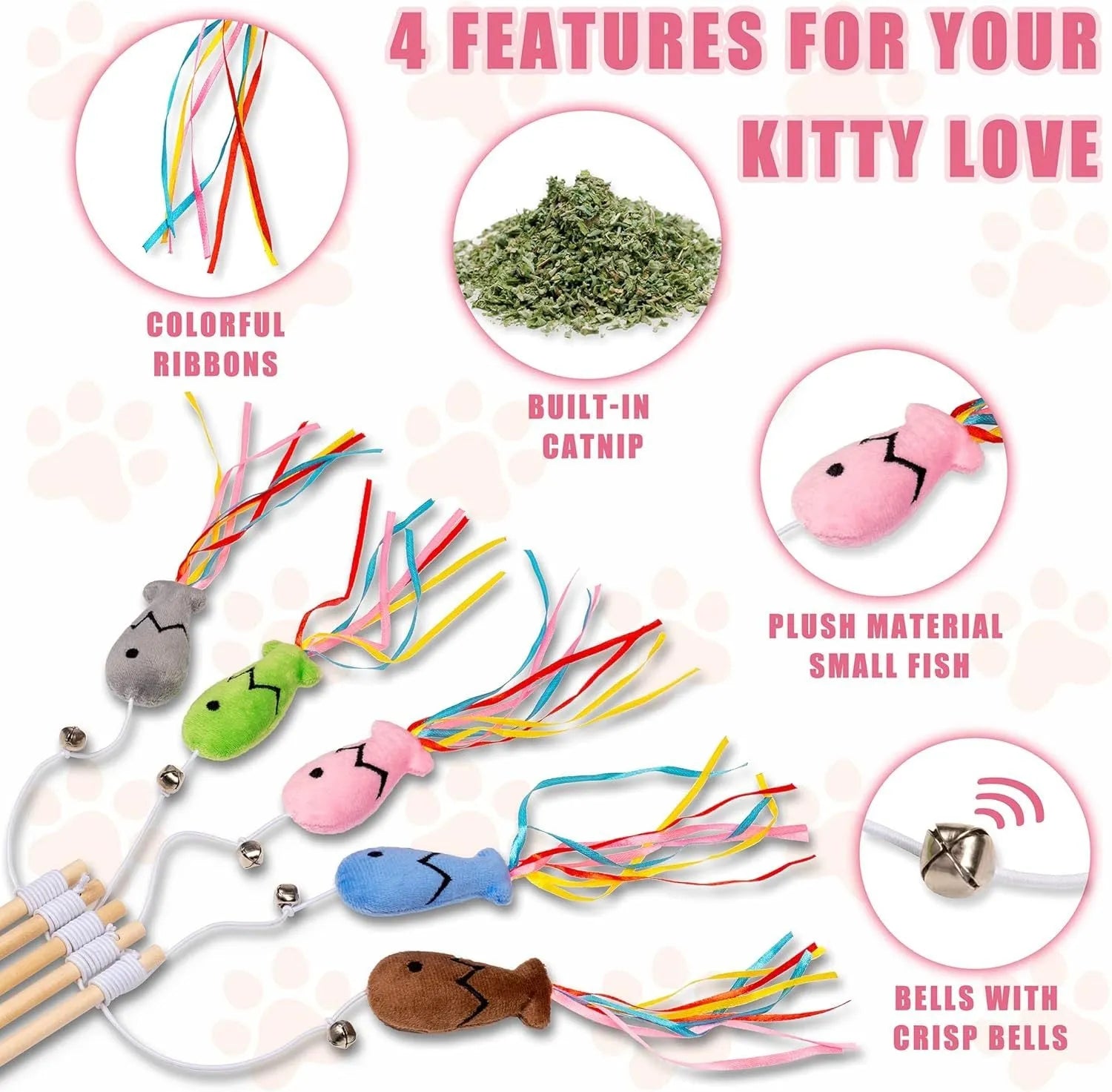 Cat wand toy with wooden handle, colourful ribbons, catnip fish and bell for indoor cats