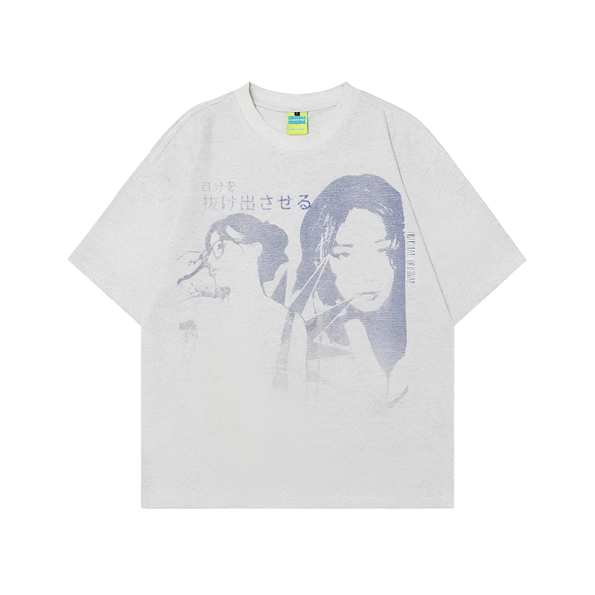Men's grey retro character design cotton T-shirt on hanger