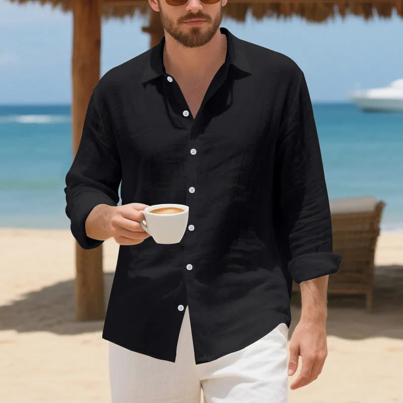 American-style loose-fit linen casual shirt in Army Green, laid flat to show button front and relaxed silhouette.