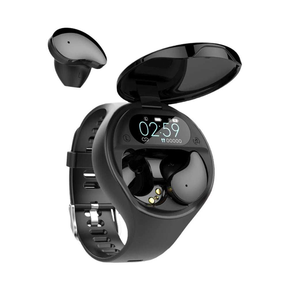 Black Bluetooth headset and smart bracelet combo showing detachable TWS earphones and sports watch display