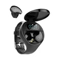 Black Bluetooth headset and smart bracelet combo showing detachable TWS earphones and sports watch display
