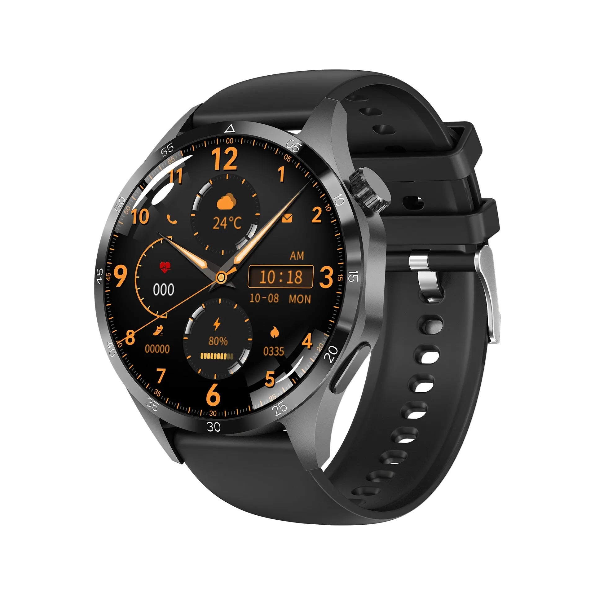 Black Bluetooth smartwatch with TFT touchscreen display showing health metrics