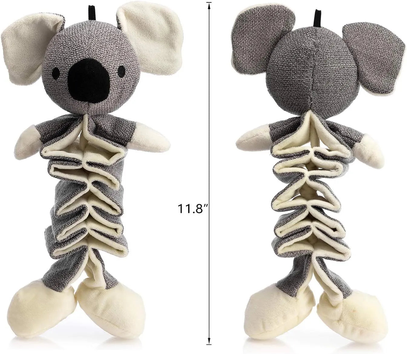 Grey koala plush dog toy measuring 30cm long with crinkle paper inside for squeaky sounds.