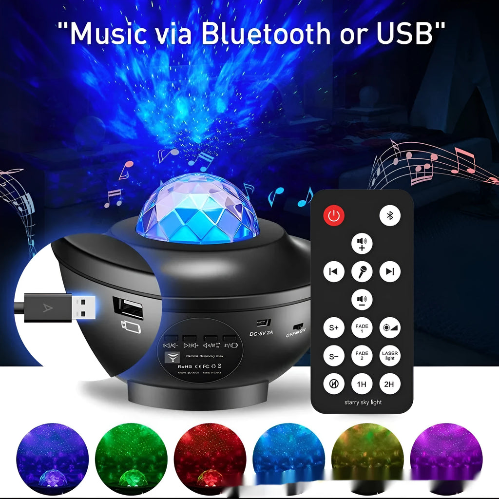 Black bowl-shaped star projection lamp with laser effects and Bluetooth connectivity on wooden desk