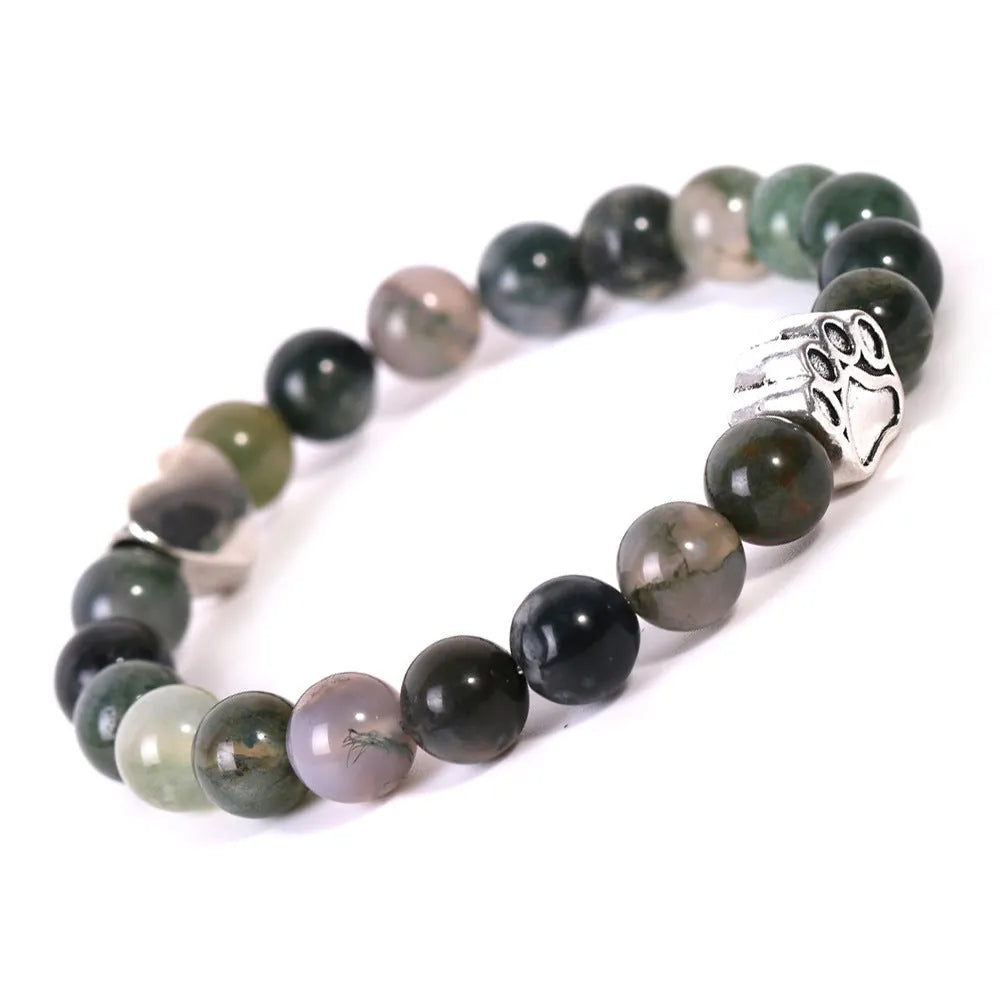 Indian agate stone bracelet with geometric dog's paw charm and heart detail on round beads