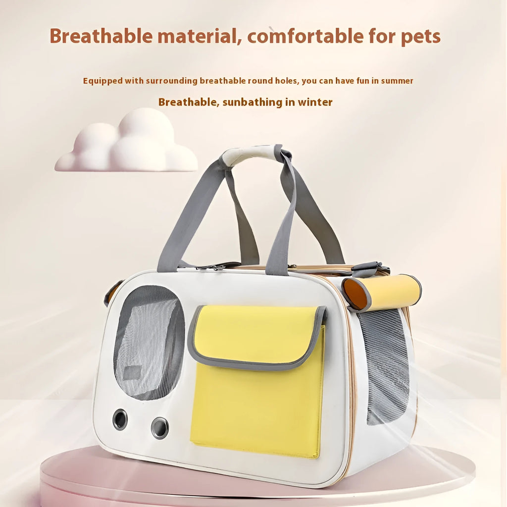 A foldable canvas pet shoulder bag in yellow colour, shown with a single strap.