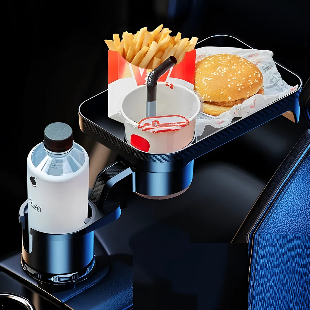 Black car cup holder dinner tray with 360-degree rotating base and adjustable plate positions