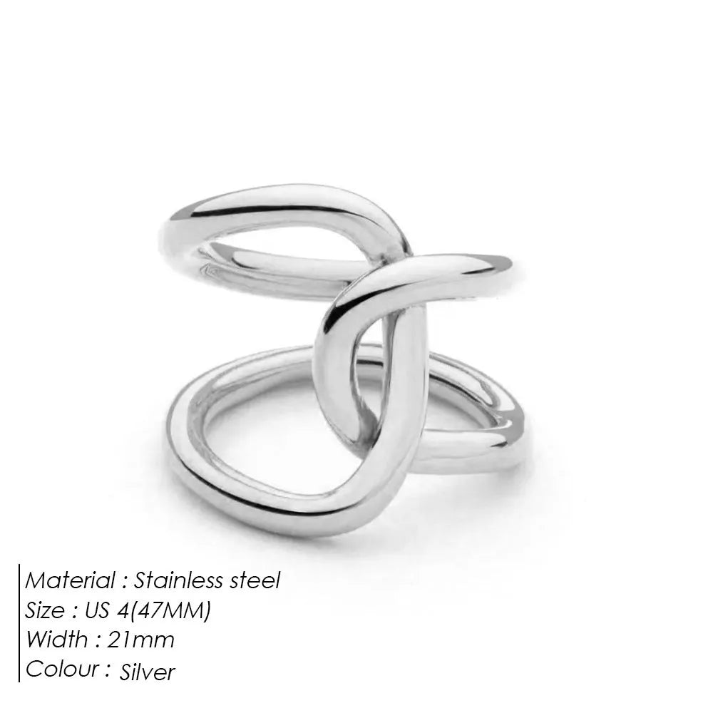 A geometric knotted adjustable ring for women in stainless steel, shown in gold and steel colour finishes.