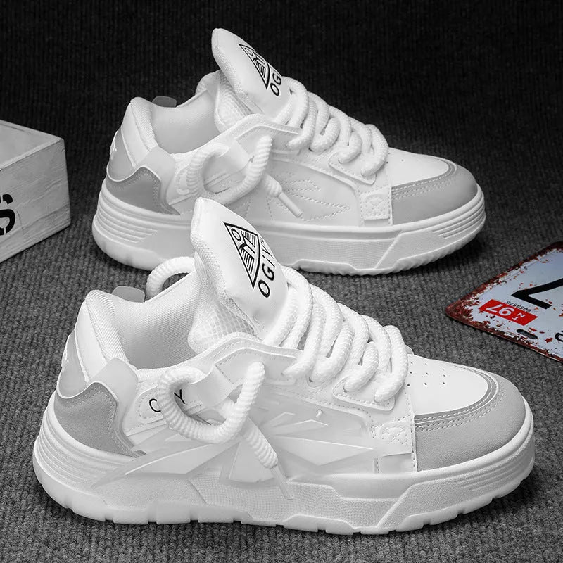 Men's white chunky sole sneakers with cartoon totem pattern and front lace-up design.