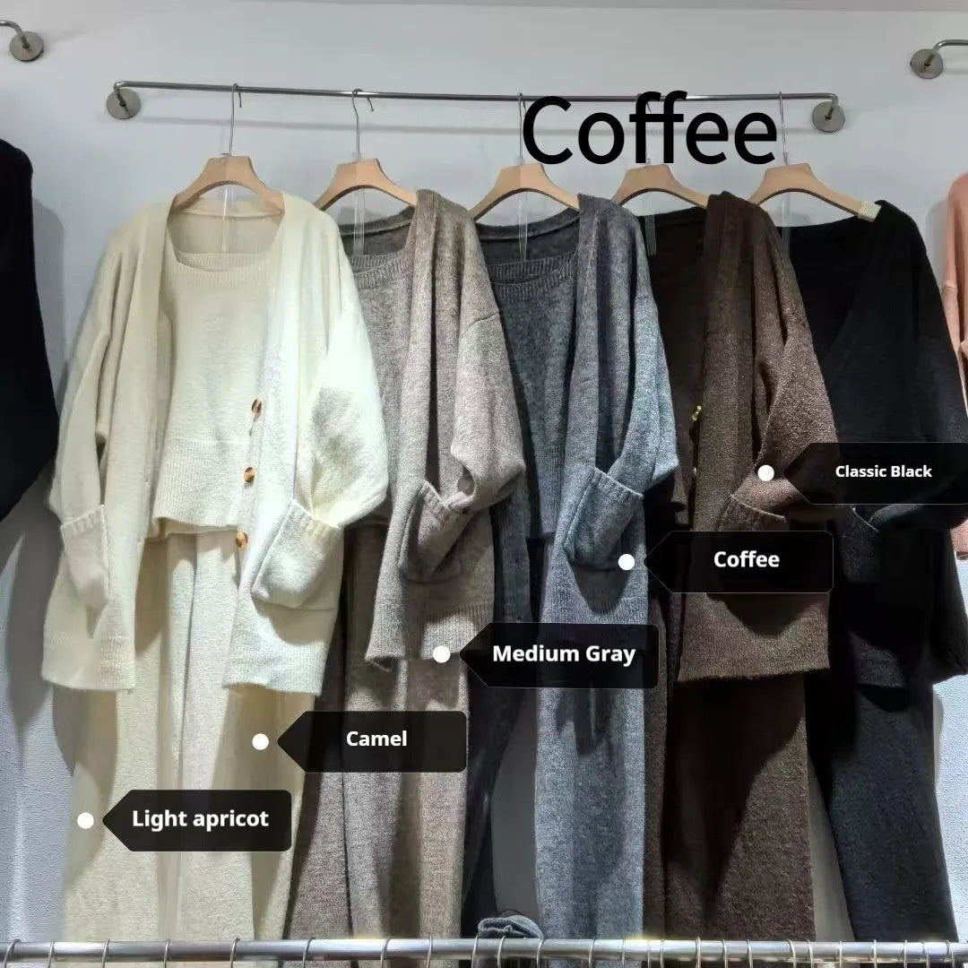 Women's knit three-piece set showing cardigan coat, vest, and suspender trousers in beige colour