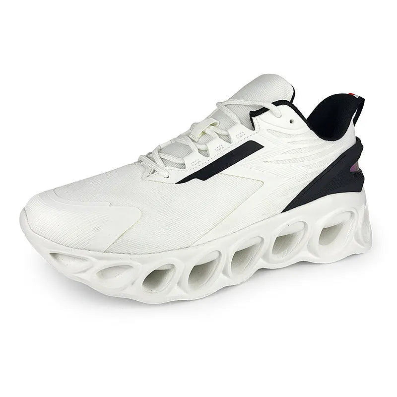 Men's casual lace-up sports shoes in black with breathable mesh upper and round toe.