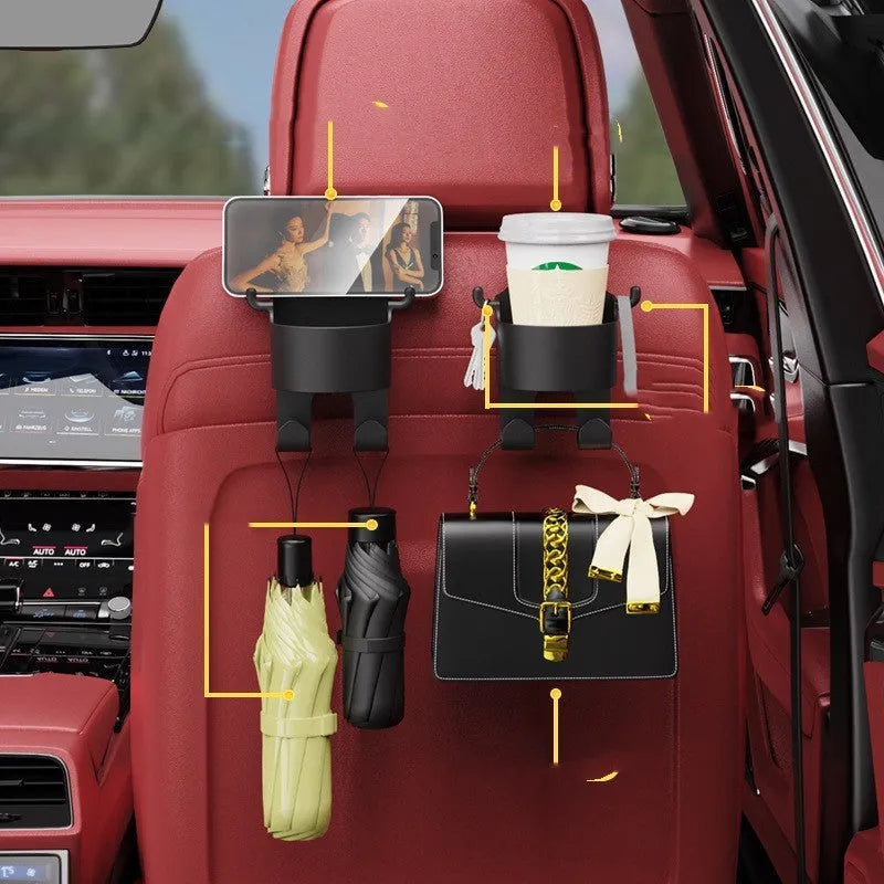 Black plastic car seat back hook organiser with cup holder and hanging hooks
