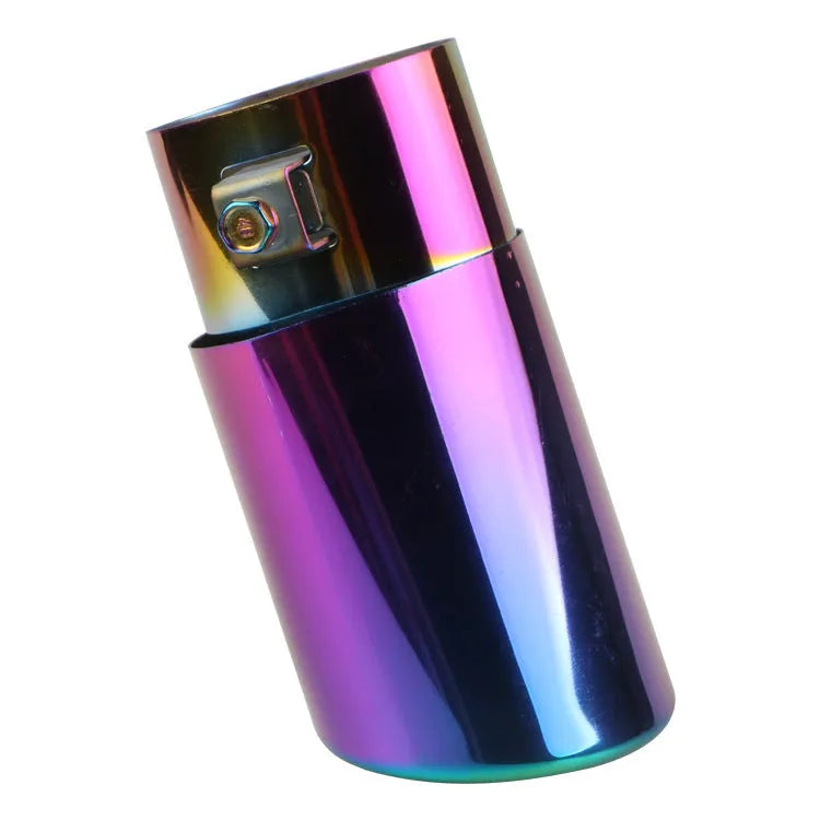 Stainless steel car exhaust tail pipe with choice of baked blue, bright silver, or colourful finishes in straight or curved shapes
