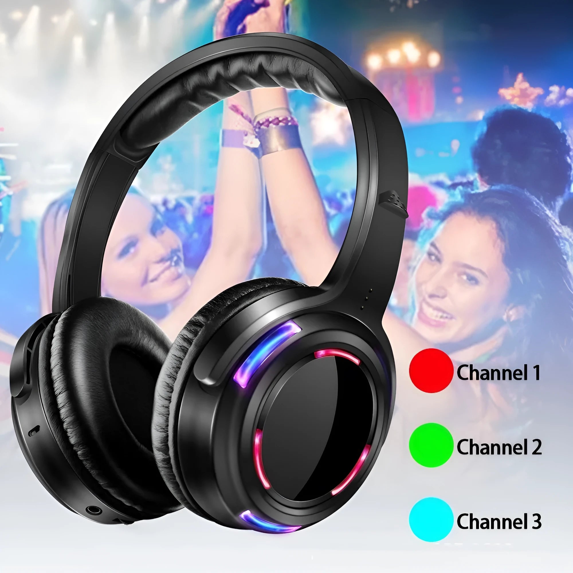 Black silent disco wireless headphones with 40mm speakers and 3 metre cable for silent party events