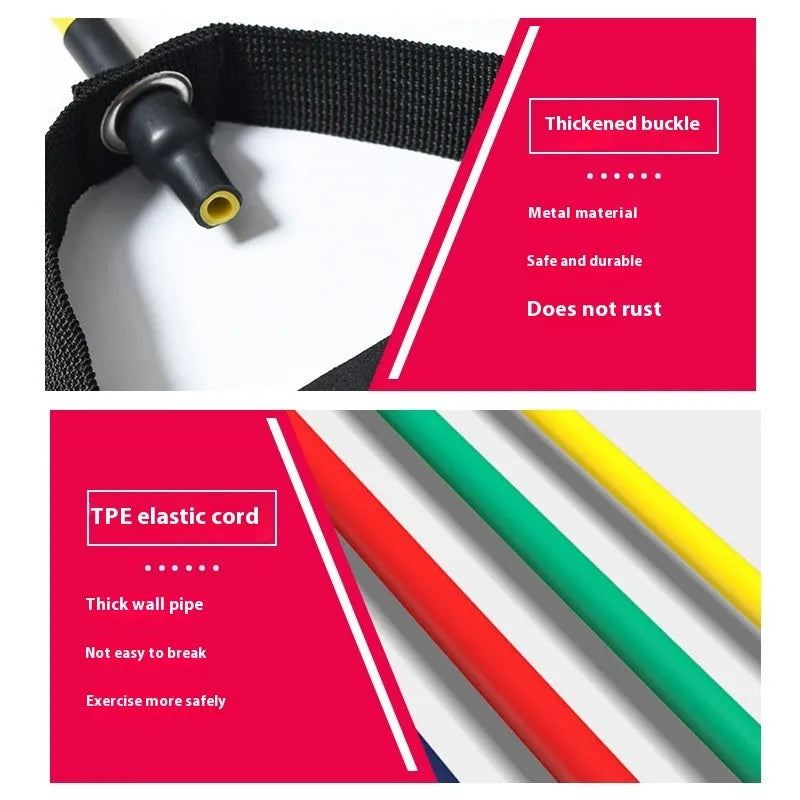 Adjustable chest expander with colour-coded TPE tension ropes showing yellow, green, red, blue, and black resistance levels