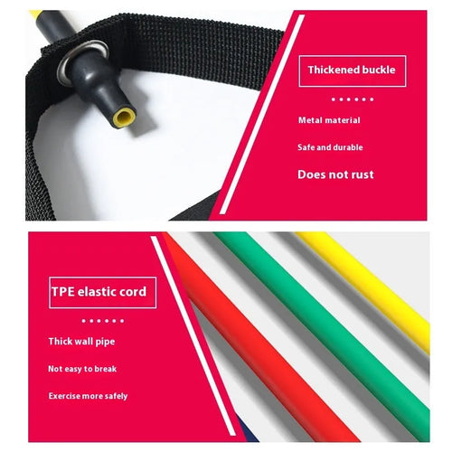 Adjustable chest expander with colour-coded TPE tension ropes showing yellow, green, red, blue, and black resistance levels