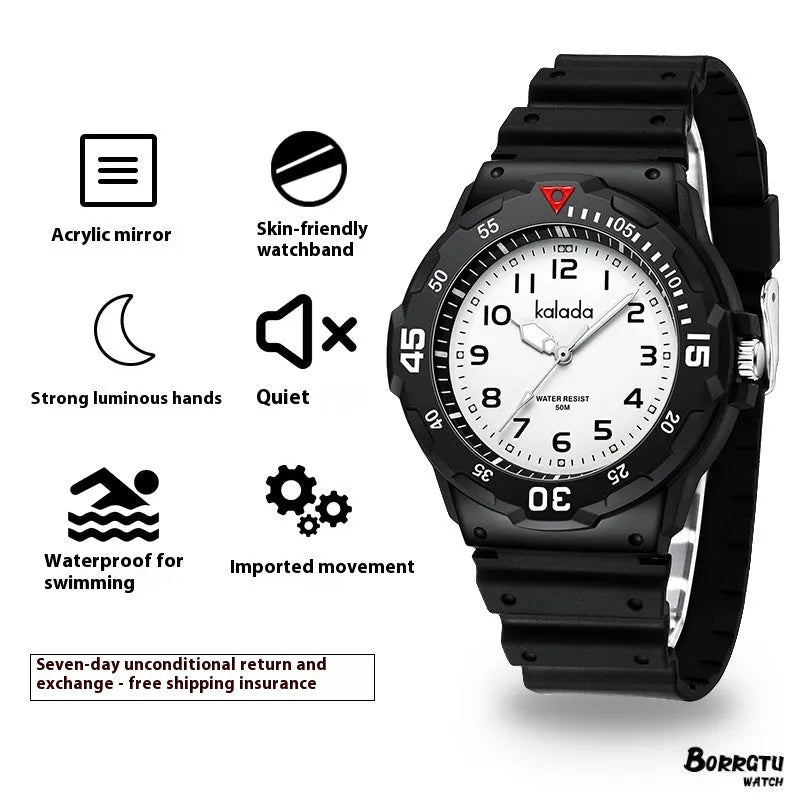 Men's sports luminous pointer quartz watch with black dial and sports bracelet