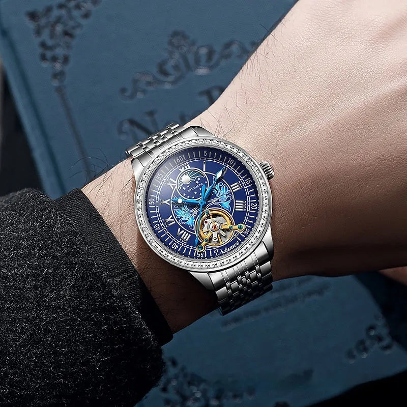 Waterproof men's mechanical watch with transparent case back showing movement inside, stainless steel strap with butterfly buckle