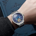 Waterproof men's mechanical watch with transparent case back showing movement inside, stainless steel strap with butterfly buckle