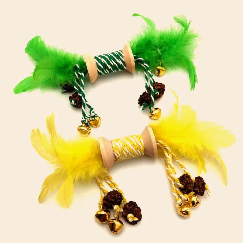 Feather bell gall fruit cat toy in ginger colour with bells and feathers on green background