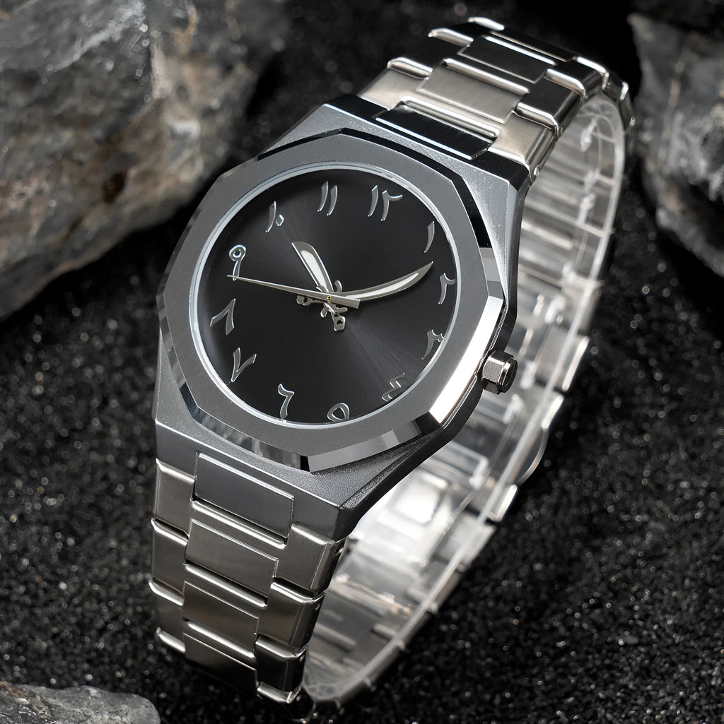 Men's stainless steel business casual quartz watch on wrist, showing 10mm thickness and black silver scale dial.