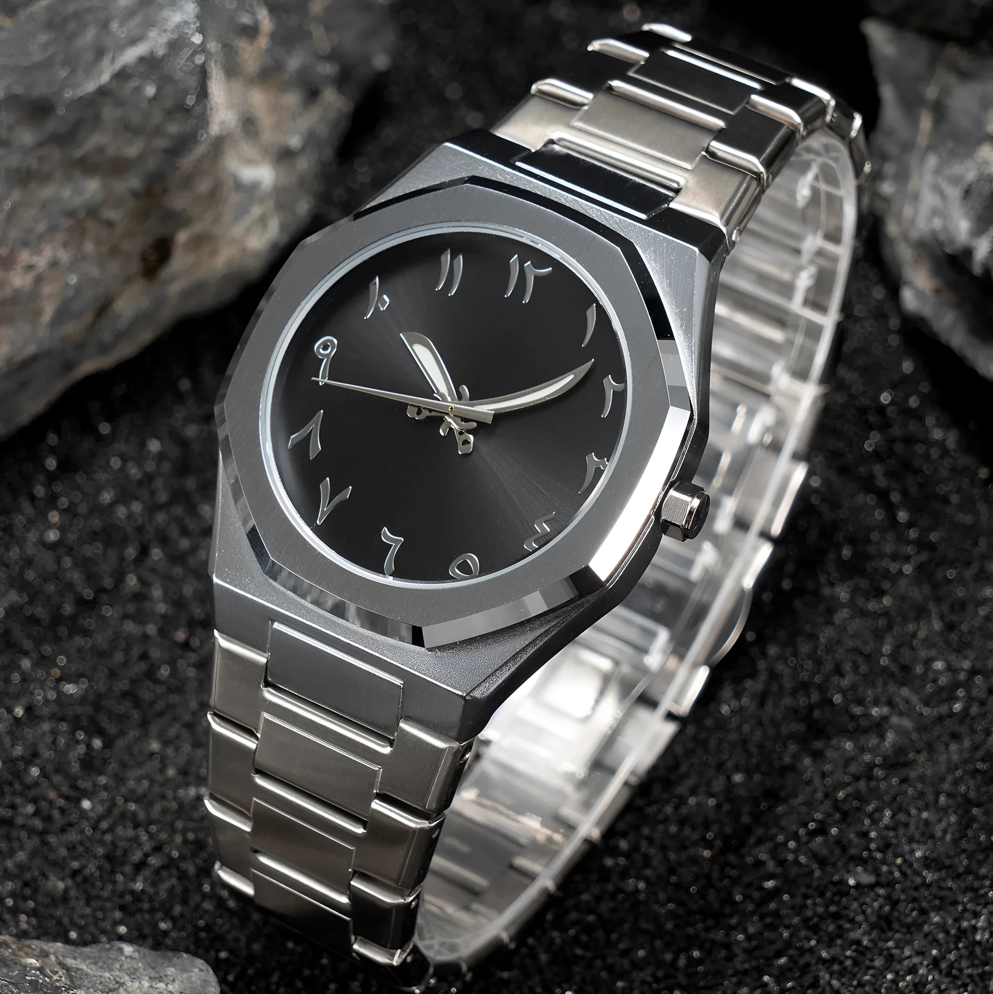 Men's stainless steel business casual quartz watch on wrist, showing 10mm thickness and black silver scale dial.