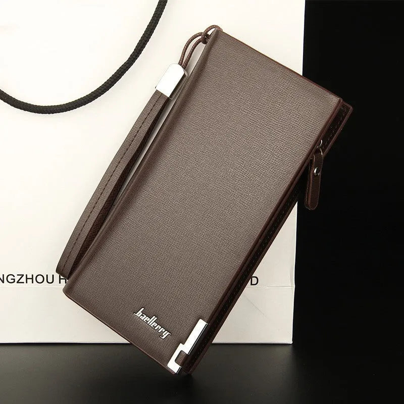 Men's black multifunctional zippered wallet made from PU leather