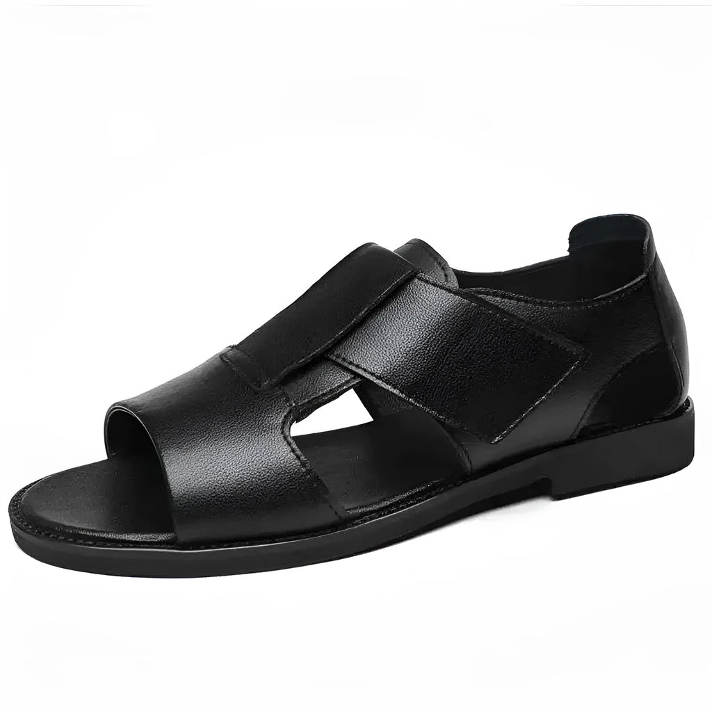 Men's black and brown casual Roman-style sandals with open toe and rubber sole.