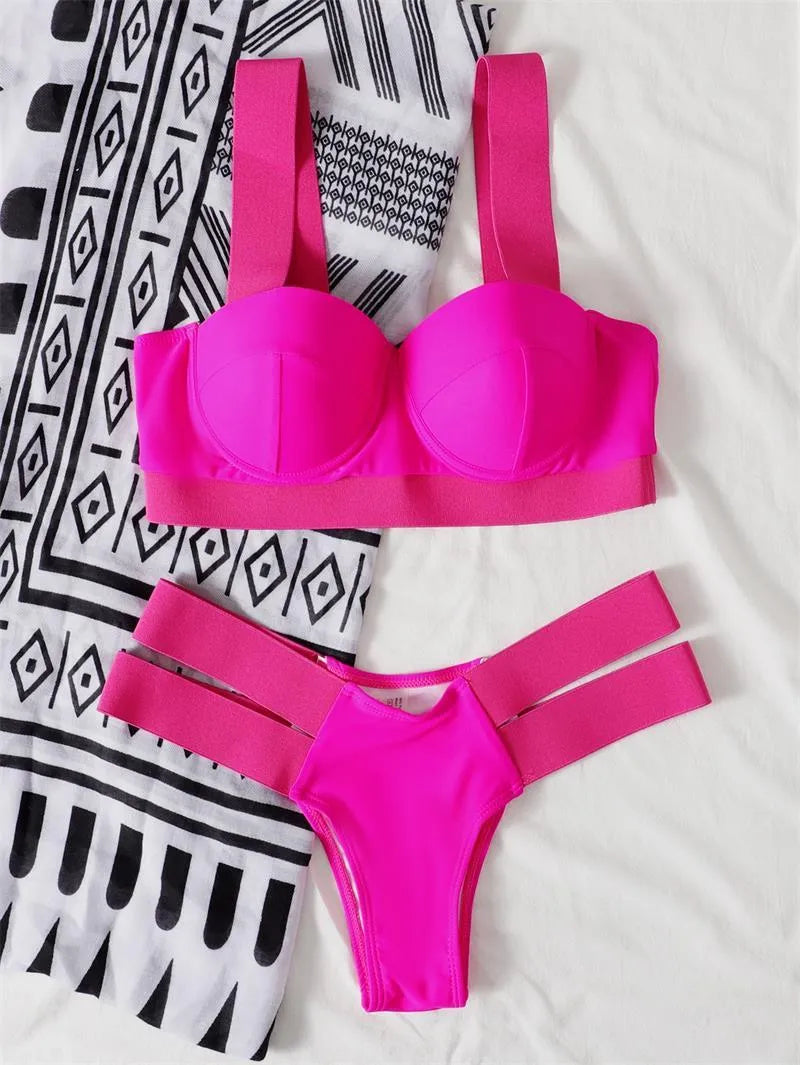 Women's contrast colour bikini swimsuit with steel bracket push-up board and removable cups