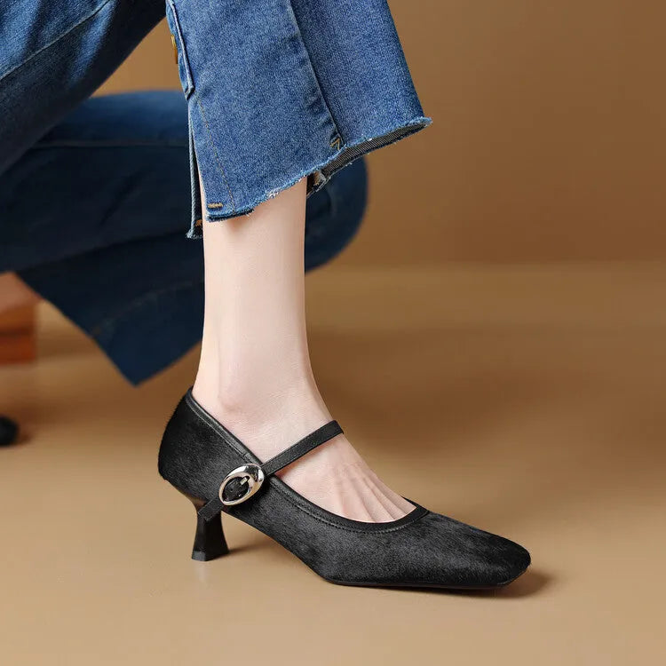 Women's black square toe stiletto ankle-strap heels with a horse hair upper.