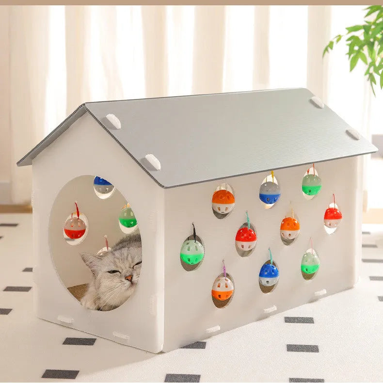 Integrated cat scratch board with resting nest, play tunnel, and bell ball toy