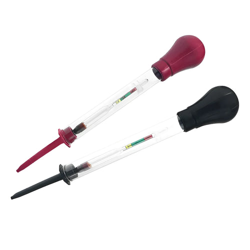 Red and black electrohydraulic automotive battery hydrometer with glass construction measuring 330 mm