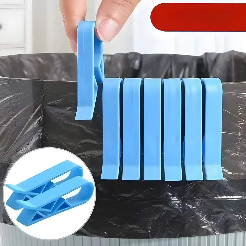 White PP plastic garbage bag fixing clip holding a black bin liner to a trash can rim.
