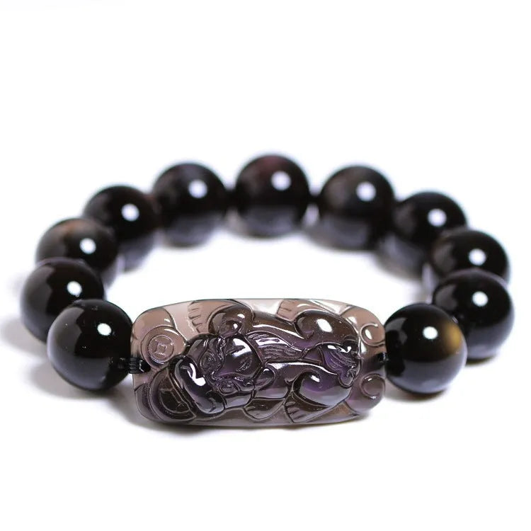 Natural crystal Pi Xiu bracelet with icy obsidian beads in geometric ethnic design