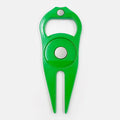 Zinc alloy golf ball yoke bottle opener tool showing black, green and silver colour options with coin