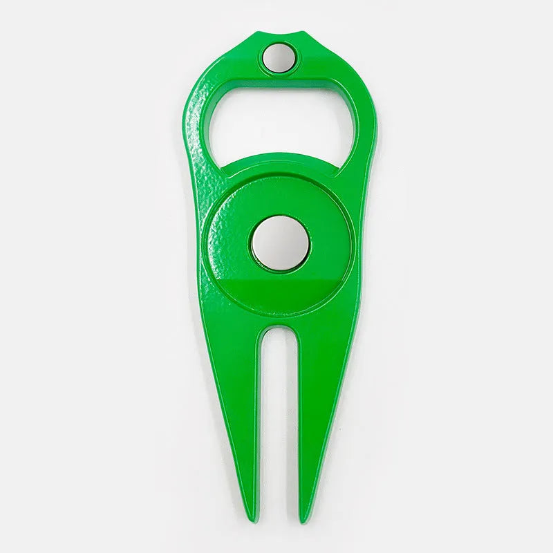 Zinc alloy golf ball yoke bottle opener tool showing black, green and silver colour options with coin