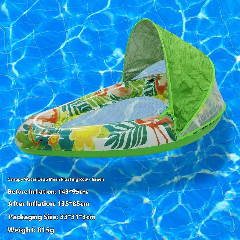PVC inflatable floating row pool lounge in gradient sequin blue-purple wave design with canopy