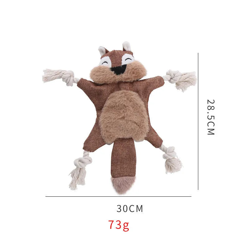 Brown plush fox dog toy with embroidered eyes, rope in limbs, for puppies and small dogs