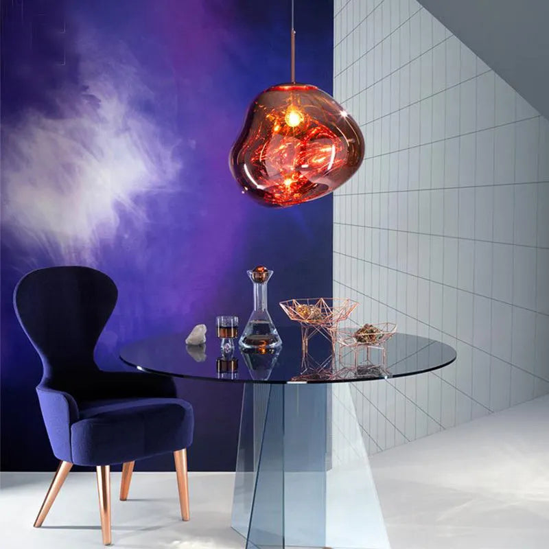 Post-modern Nordic chandelier with irregular glass shade in gold, copper, or silver finish