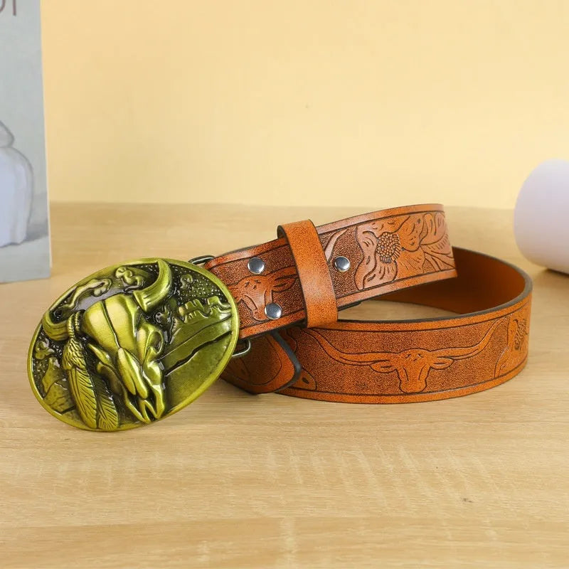Men's black imitation leather belt with decorative alloy cow head buckle and pin buckle fastening