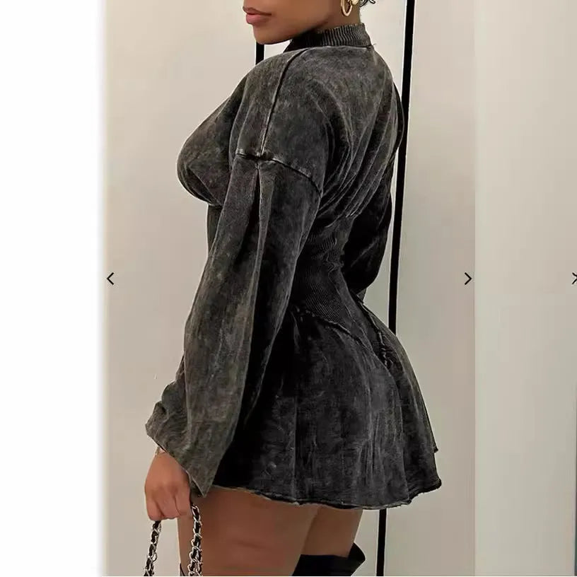 Gray digital print women's A-line dress with a drawstring waist and long sleeves.