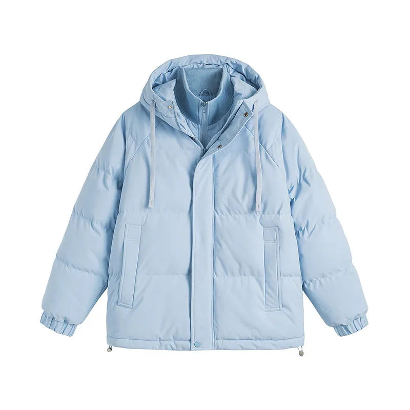 Loose two-piece winter cotton-padded coat in cardigan style with side pockets