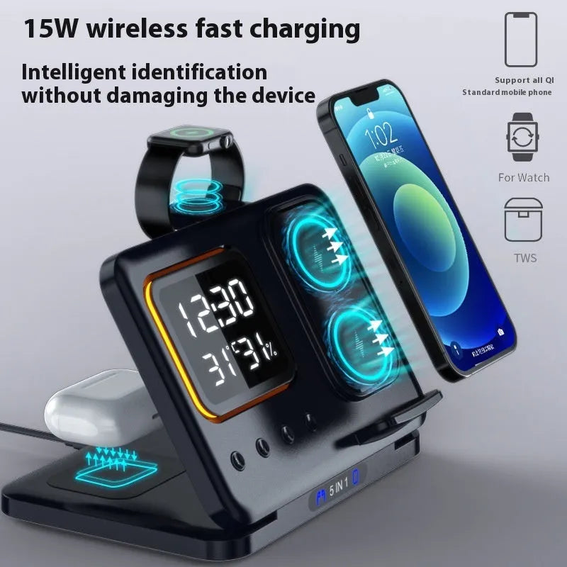 Black and white 15W wireless charging station with LED display showing time, charging phone, watch and headphones
