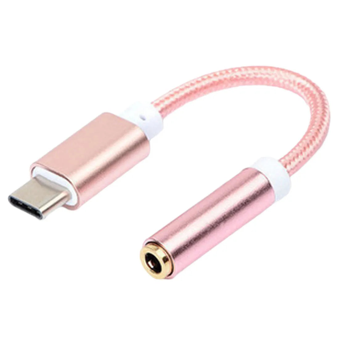 Short black nylon TYPE-C to 3.5mm female headphone adapter cable for mobile phones.